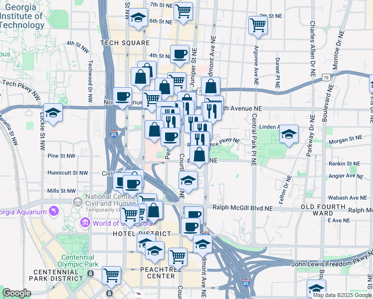 map of restaurants, bars, coffee shops, grocery stores, and more near 489 Courtland Street Northeast in Atlanta