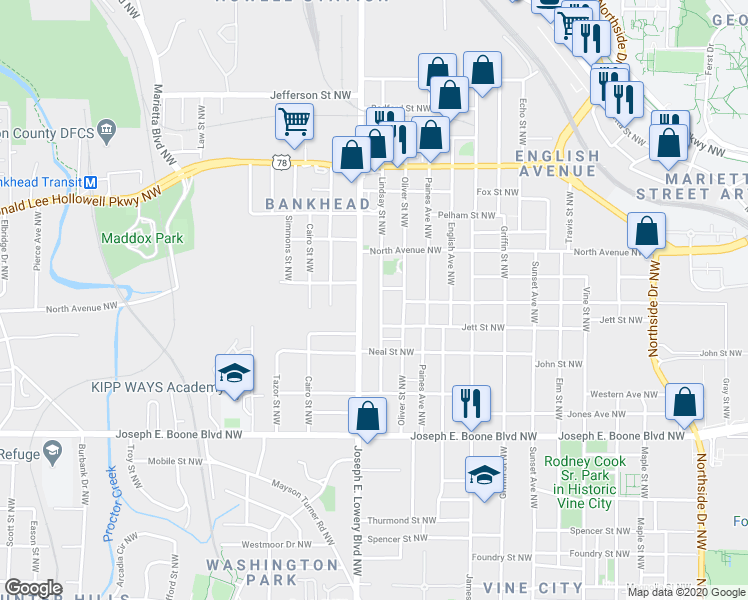 map of restaurants, bars, coffee shops, grocery stores, and more near 487 Joseph E. Lowery Boulevard Northwest in Atlanta