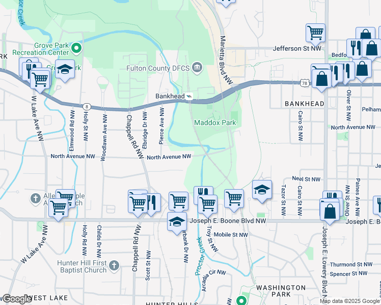 map of restaurants, bars, coffee shops, grocery stores, and more near 1255 North Avenue Northwest in Atlanta