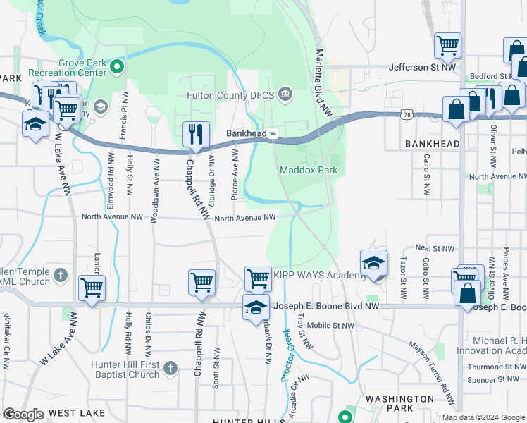 map of restaurants, bars, coffee shops, grocery stores, and more near 1254 North Avenue Northwest in Atlanta