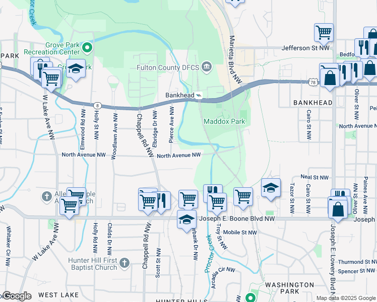 map of restaurants, bars, coffee shops, grocery stores, and more near 1285 North Avenue Northwest in Atlanta