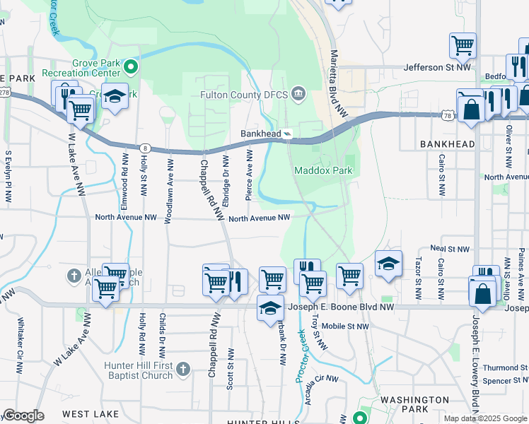 map of restaurants, bars, coffee shops, grocery stores, and more near 1301 North Avenue Northwest in Atlanta