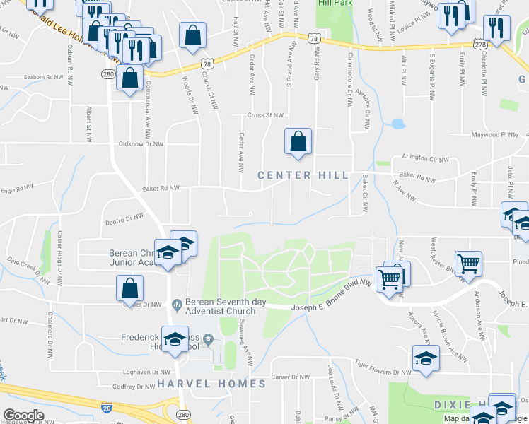 map of restaurants, bars, coffee shops, grocery stores, and more near 474 Center Hill Avenue Northwest in Atlanta