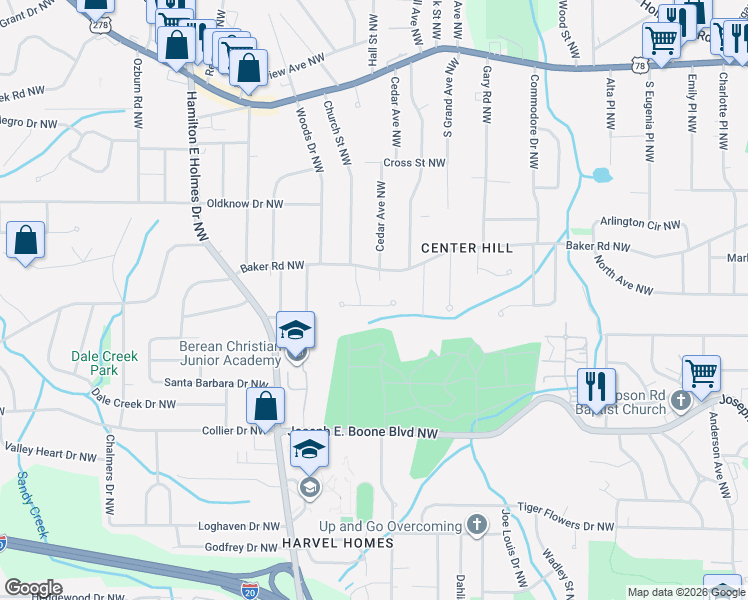 map of restaurants, bars, coffee shops, grocery stores, and more near 2726 Lincoln Court Northwest in Atlanta