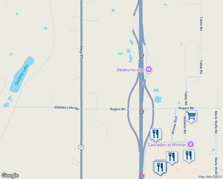 map of restaurants, bars, coffee shops, grocery stores, and more near 11776 Rogers Road in Thackerville