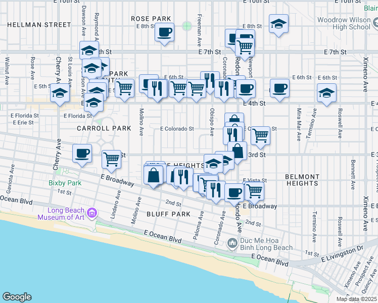 map of restaurants, bars, coffee shops, grocery stores, and more near 302 Orizaba Avenue in Long Beach