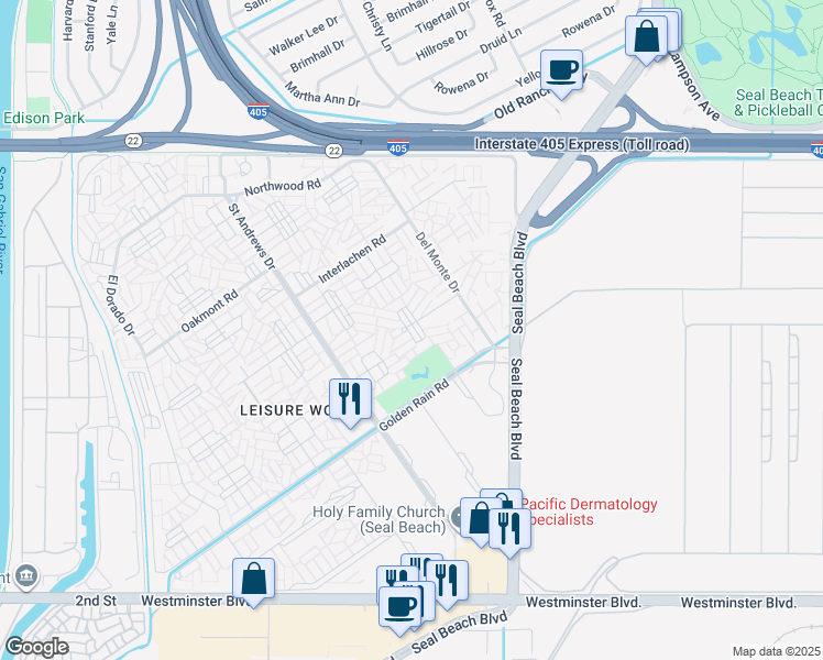 map of restaurants, bars, coffee shops, grocery stores, and more near 1740 Sunningdale Road in Seal Beach