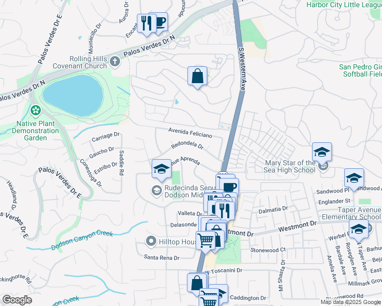 map of restaurants, bars, coffee shops, grocery stores, and more near Redondela Drive in Rancho Palos Verdes