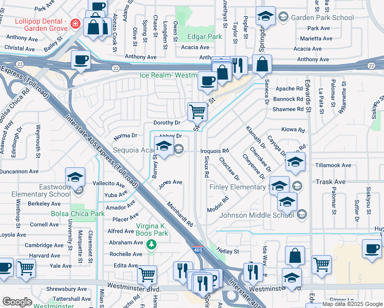 map of restaurants, bars, coffee shops, grocery stores, and more near 13371 Springdale Street in Westminster