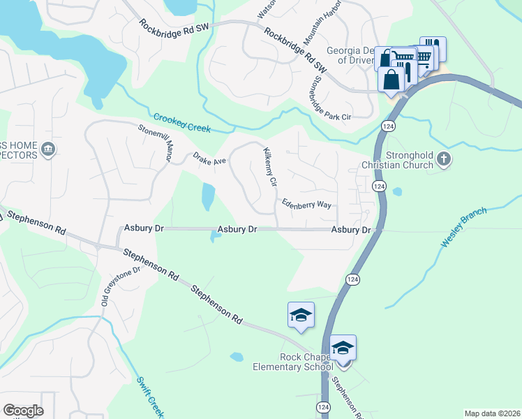map of restaurants, bars, coffee shops, grocery stores, and more near 631 Kilkenny Circle in Lithonia