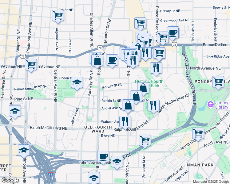 map of restaurants, bars, coffee shops, grocery stores, and more near 537 Winton Terrace Northeast in Atlanta