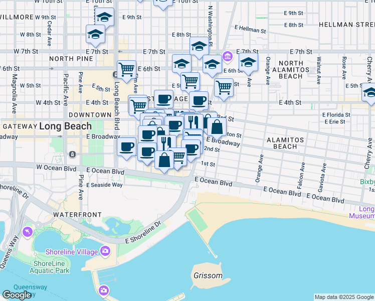 map of restaurants, bars, coffee shops, grocery stores, and more near 713 East 1st Street in Long Beach