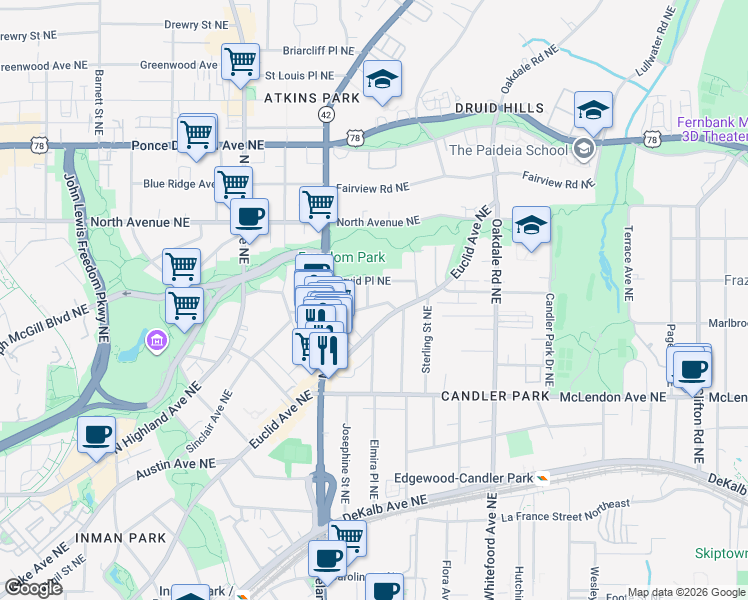 map of restaurants, bars, coffee shops, grocery stores, and more near 1236 Mansfield Avenue Northeast in Atlanta