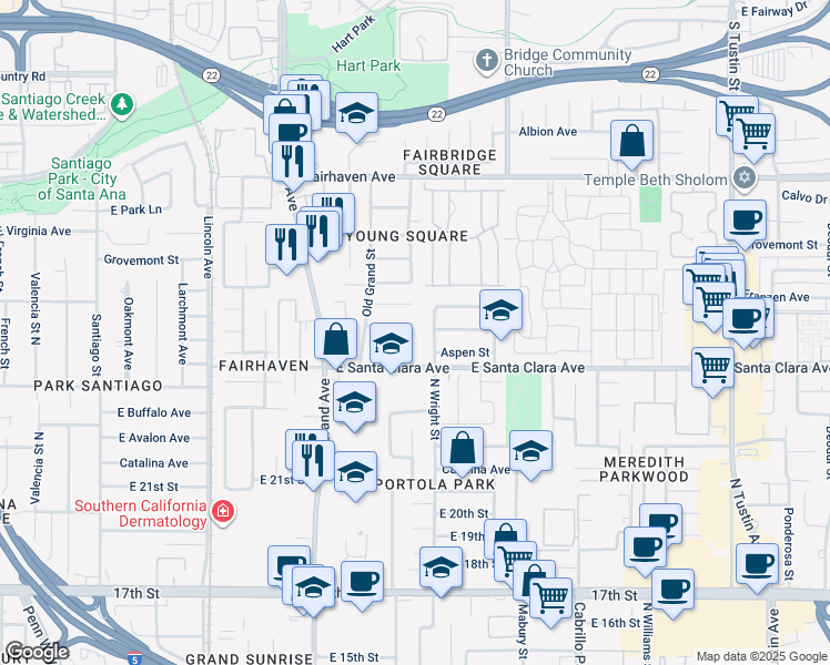 map of restaurants, bars, coffee shops, grocery stores, and more near 2325 North Linwood Street in Santa Ana