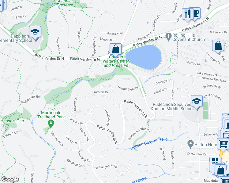 map of restaurants, bars, coffee shops, grocery stores, and more near 4 Deerhill Drive in Rolling Hills Estates