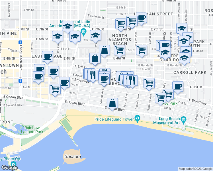 map of restaurants, bars, coffee shops, grocery stores, and more near 1214 East Broadway in Long Beach