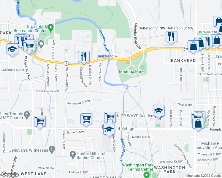 map of restaurants, bars, coffee shops, grocery stores, and more near 1285 North Avenue Northwest in Atlanta