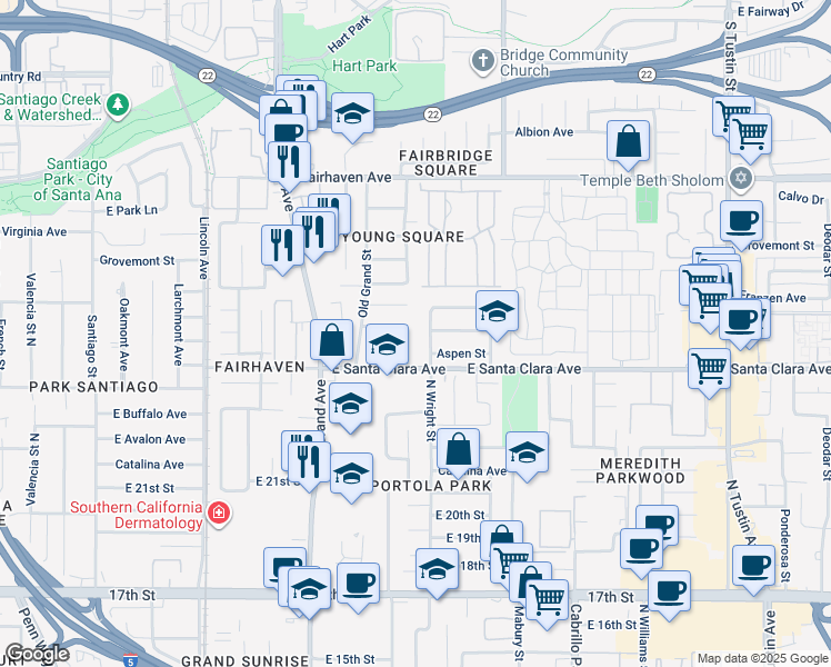 map of restaurants, bars, coffee shops, grocery stores, and more near 2325 North Linwood Street in Santa Ana