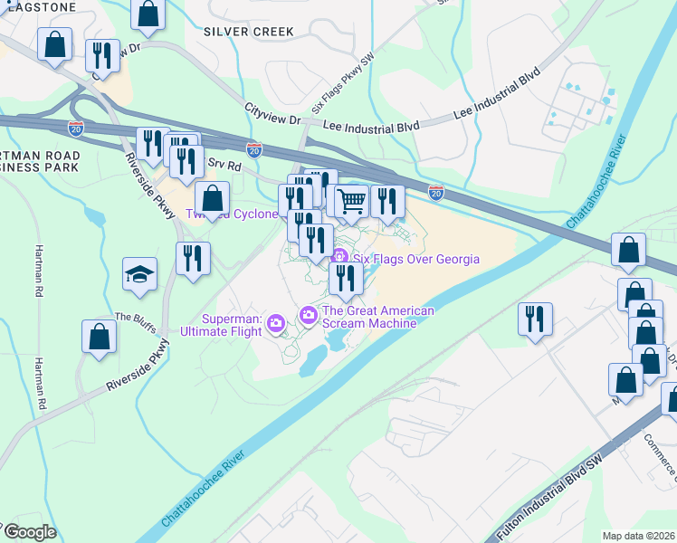 map of restaurants, bars, coffee shops, grocery stores, and more near 275 Riverside Parkway Southwest in Austell