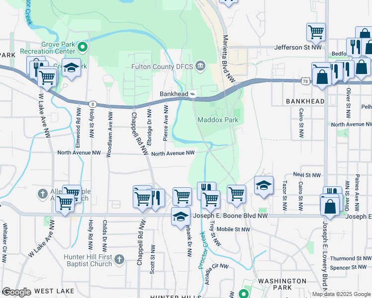 map of restaurants, bars, coffee shops, grocery stores, and more near 1254 North Avenue Northwest in Atlanta