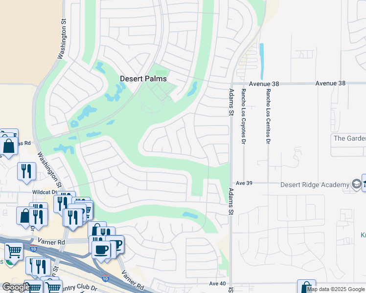map of restaurants, bars, coffee shops, grocery stores, and more near 38630 Orangecrest Road in Palm Desert