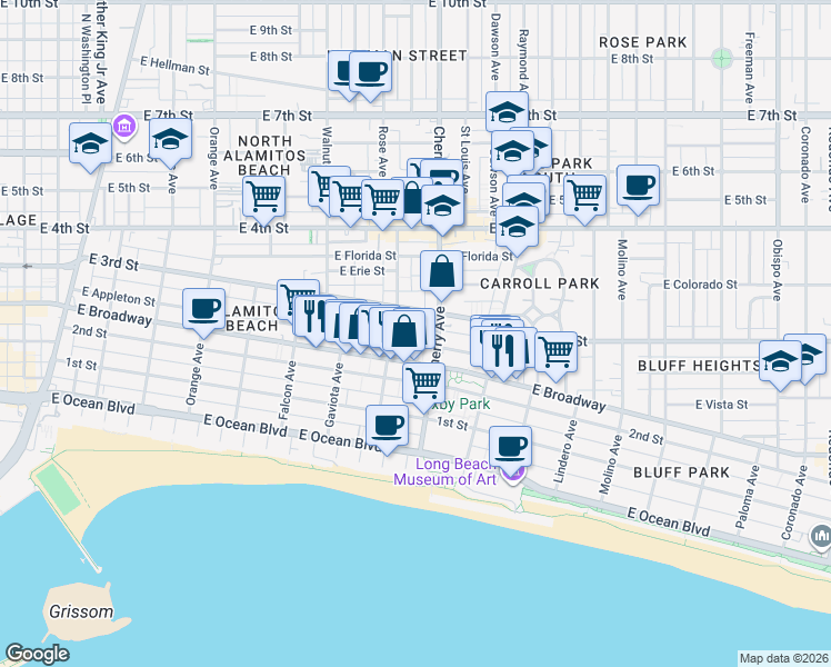 map of restaurants, bars, coffee shops, grocery stores, and more near 1833 East Appleton Street in Long Beach