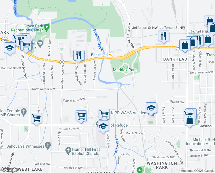 map of restaurants, bars, coffee shops, grocery stores, and more near 1273 North Ave Northwest in Atlanta