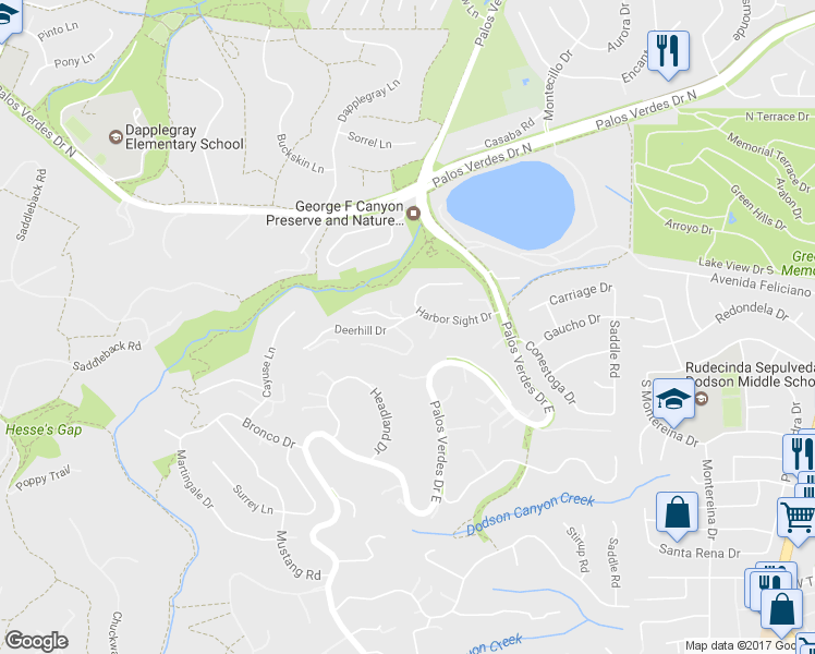 map of restaurants, bars, coffee shops, grocery stores, and more near 4 Deerhill Drive in Rolling Hills Estates