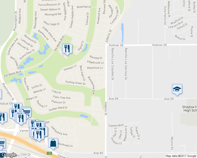map of restaurants, bars, coffee shops, grocery stores, and more near 78947 Chardonnay Way in Palm Desert