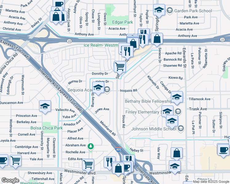 map of restaurants, bars, coffee shops, grocery stores, and more near 13371 Springdale Street in Westminster