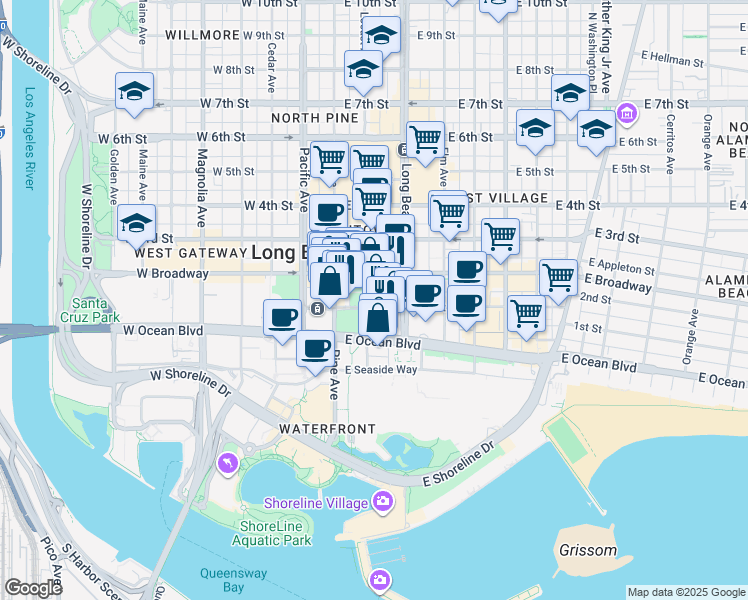 map of restaurants, bars, coffee shops, grocery stores, and more near 215 E 1st St in Long Beach