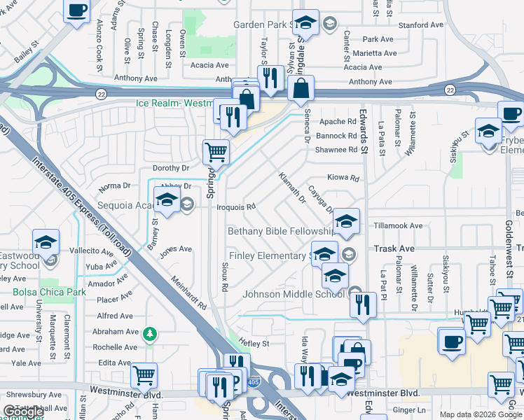 map of restaurants, bars, coffee shops, grocery stores, and more near 6131 Chickasaw Drive in Westminster