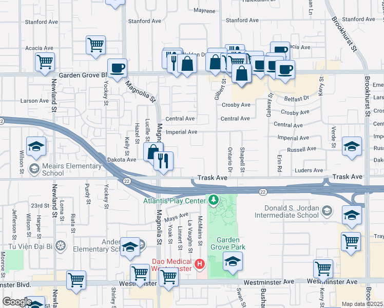 map of restaurants, bars, coffee shops, grocery stores, and more near 13401 Mickey Street in Garden Grove