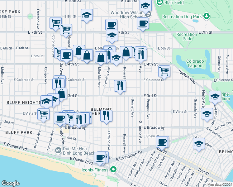 map of restaurants, bars, coffee shops, grocery stores, and more near 4045 East 3rd Street in Long Beach