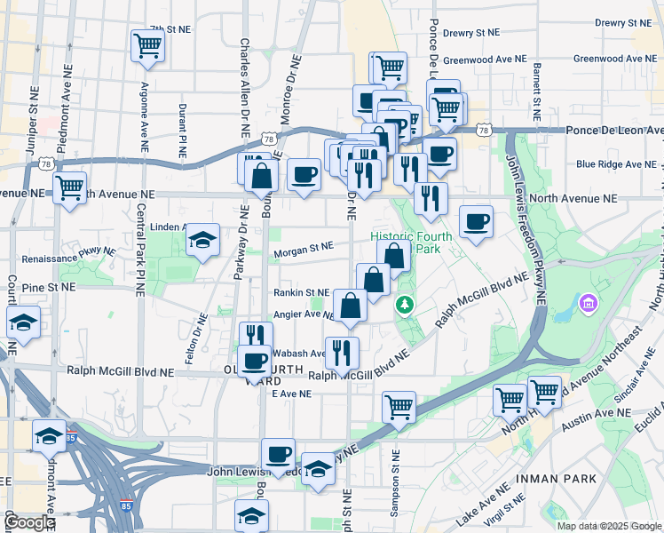 map of restaurants, bars, coffee shops, grocery stores, and more near 555 Winton Terrace Northeast in Atlanta