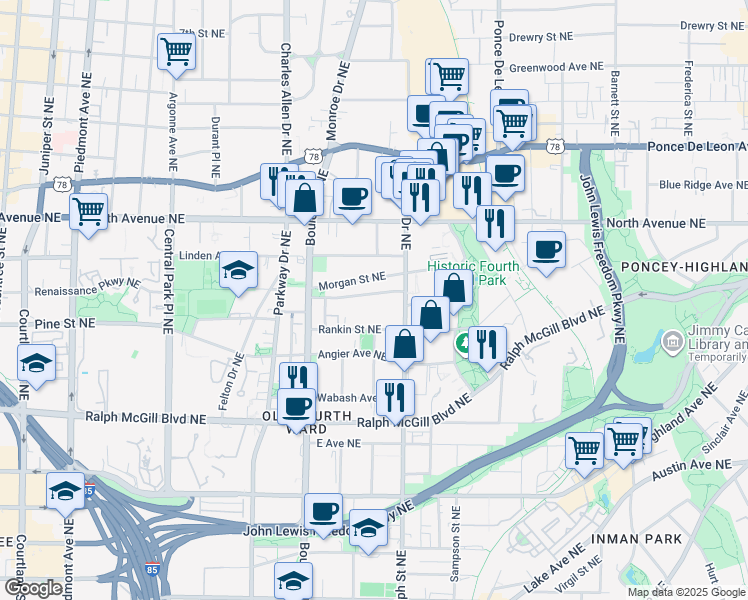 map of restaurants, bars, coffee shops, grocery stores, and more near 555 Winton Terrace Northeast in Atlanta