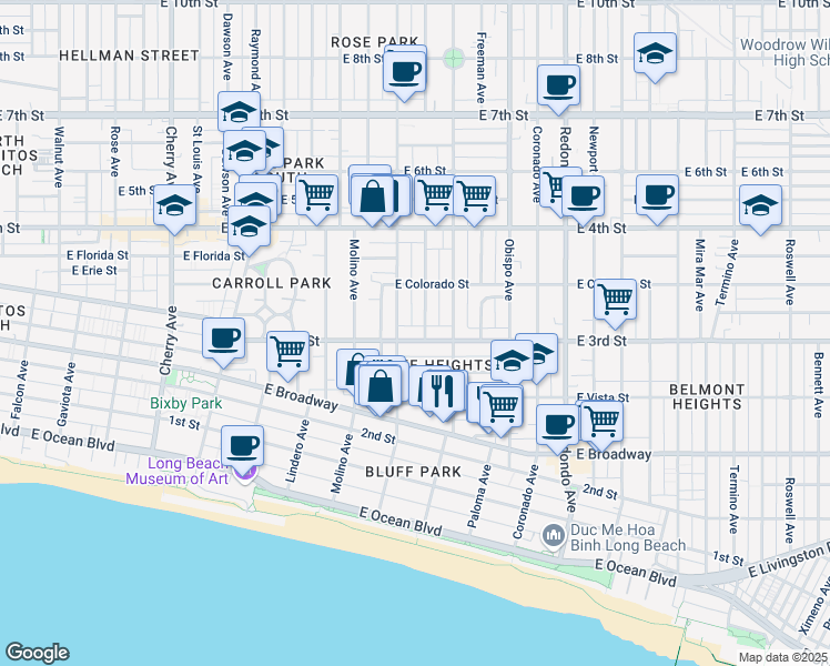 map of restaurants, bars, coffee shops, grocery stores, and more near in Long Beach