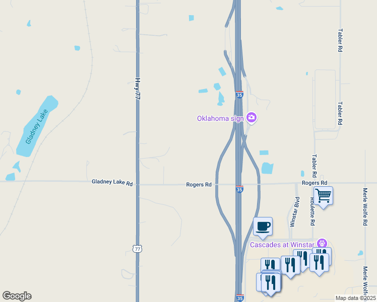 map of restaurants, bars, coffee shops, grocery stores, and more near 11776 Rogers Road in Thackerville