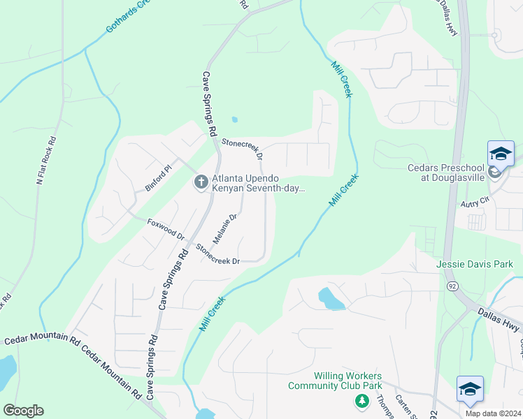 map of restaurants, bars, coffee shops, grocery stores, and more near 7070 Stonecreek Drive in Douglasville