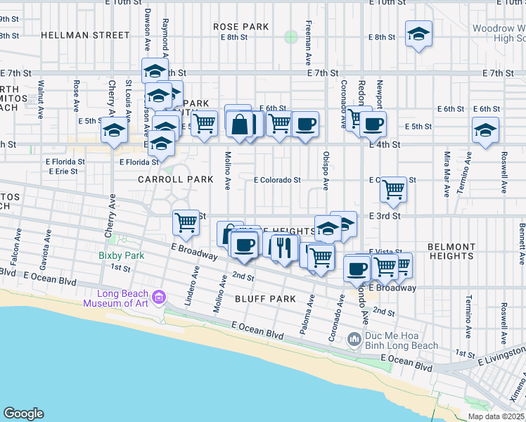 map of restaurants, bars, coffee shops, grocery stores, and more near in Long Beach