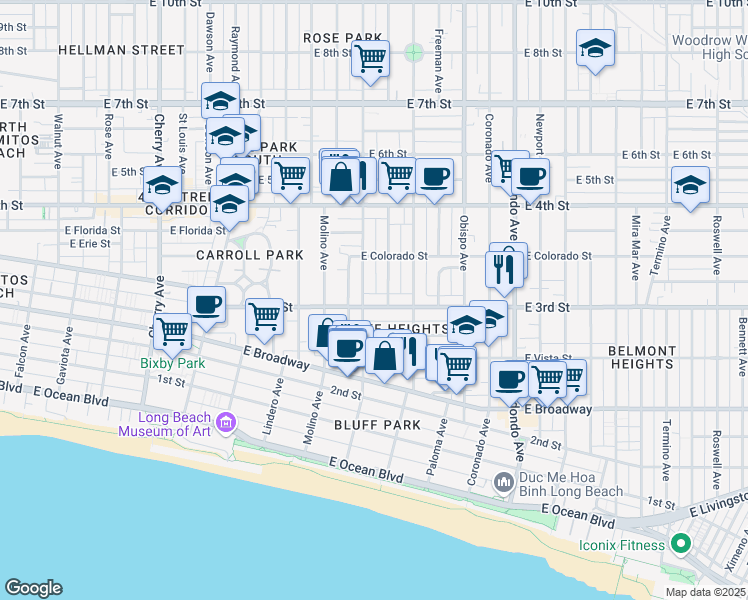 map of restaurants, bars, coffee shops, grocery stores, and more near 2805 East 3rd Street in Long Beach