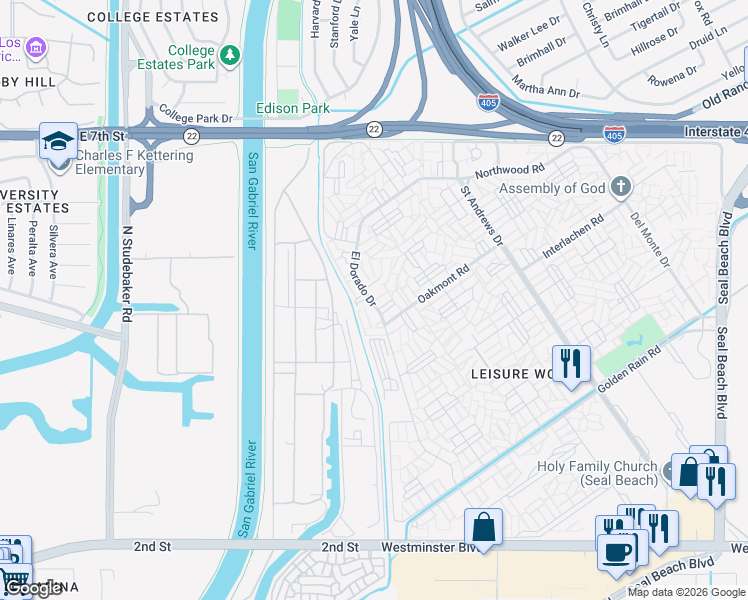 map of restaurants, bars, coffee shops, grocery stores, and more near 13380 El Dorado Drive in Seal Beach