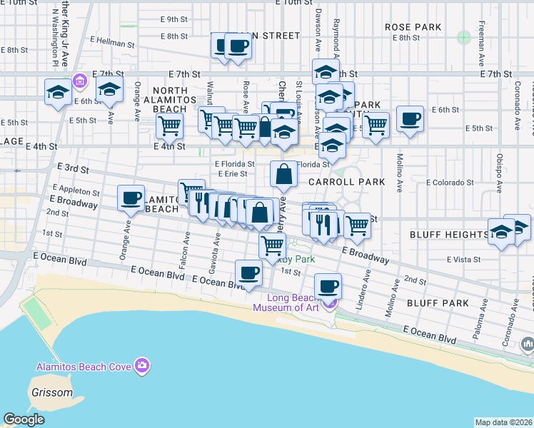 map of restaurants, bars, coffee shops, grocery stores, and more near 1833 East Appleton Street in Long Beach