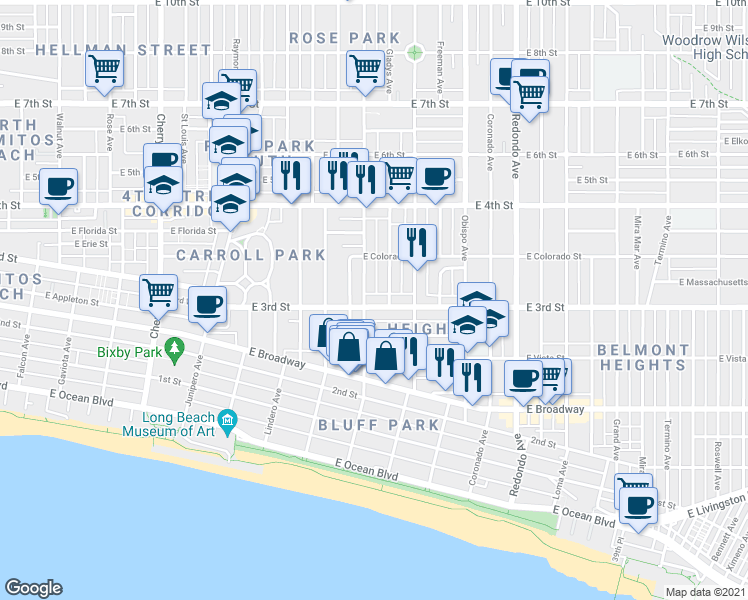 map of restaurants, bars, coffee shops, grocery stores, and more near 2805 East 3rd Street in Long Beach