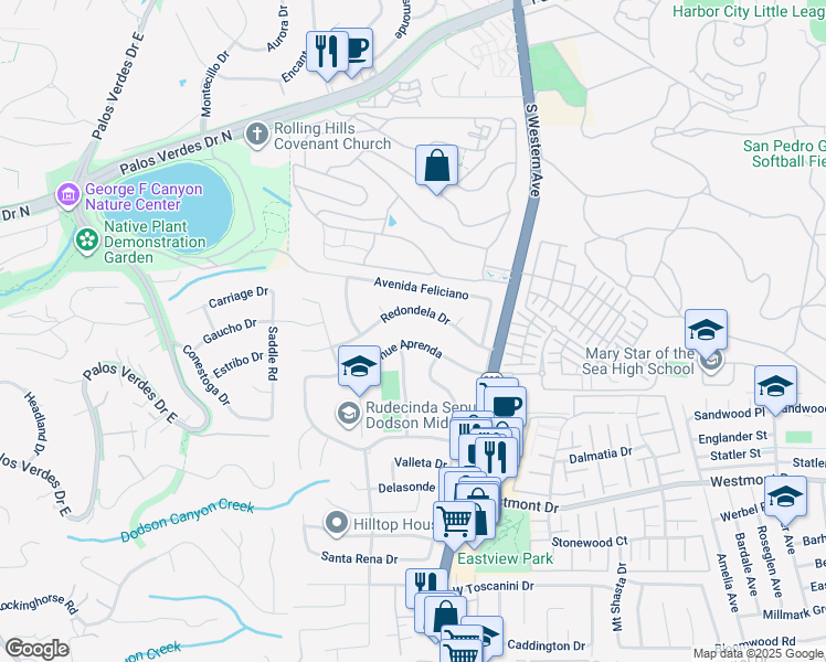 map of restaurants, bars, coffee shops, grocery stores, and more near in Rancho Palos Verdes