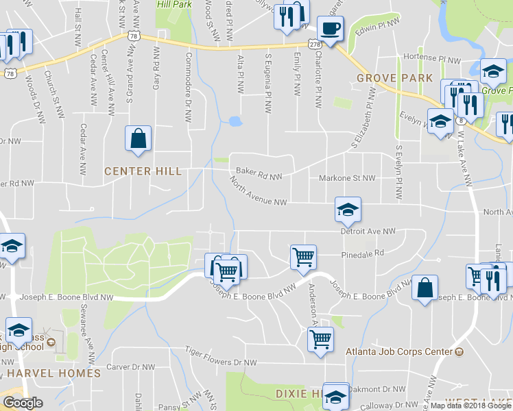 map of restaurants, bars, coffee shops, grocery stores, and more near 2032 North Avenue Northwest in Atlanta