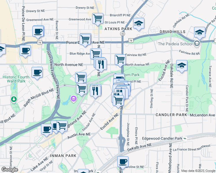 map of restaurants, bars, coffee shops, grocery stores, and more near 510 Seminole Avenue Northeast in Atlanta