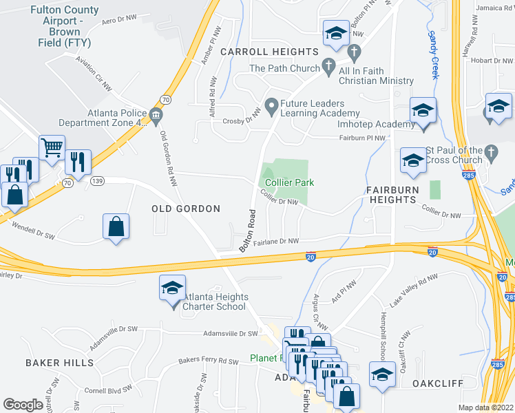 map of restaurants, bars, coffee shops, grocery stores, and more near 511 Bolton Road Northwest in Atlanta