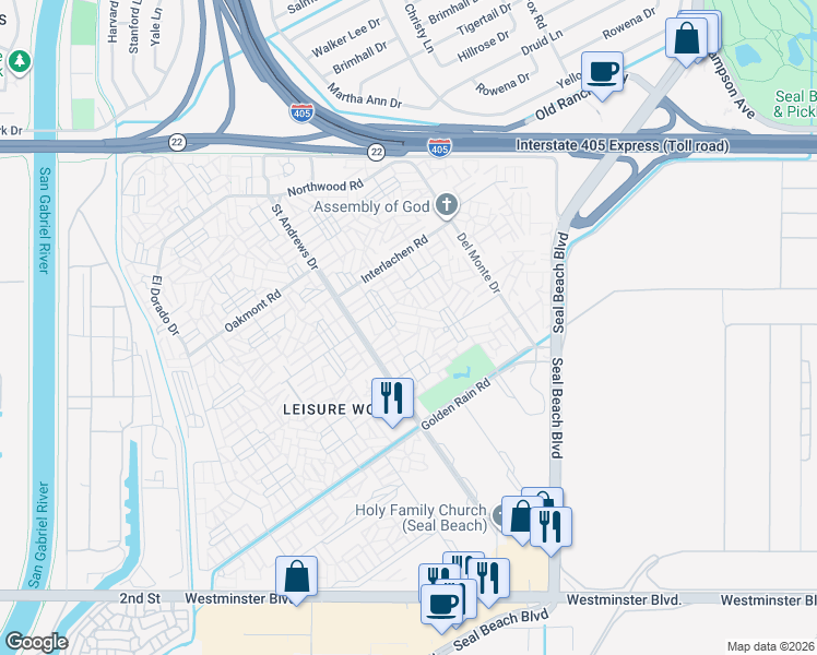 map of restaurants, bars, coffee shops, grocery stores, and more near 1640 Glenview Road in Seal Beach