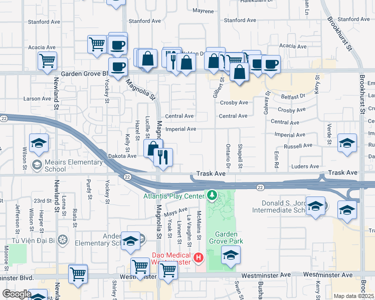 map of restaurants, bars, coffee shops, grocery stores, and more near 9109 Bestel Avenue in Garden Grove